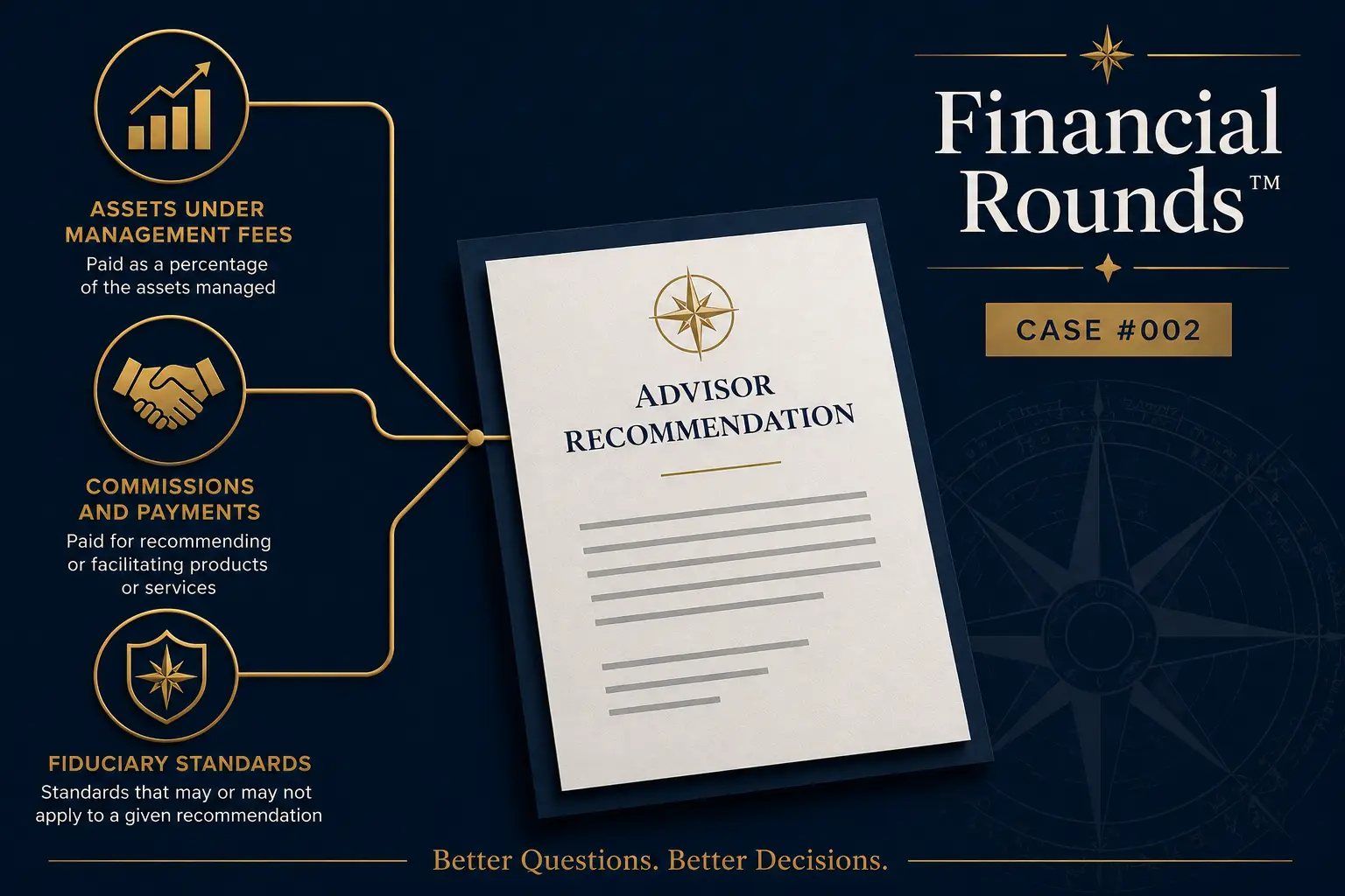 Case 002 Financial Rounds™ Case #002 illustration showing an advisor recommendation influenced by assets under management fees, commissions and payments, and fiduciary standards.