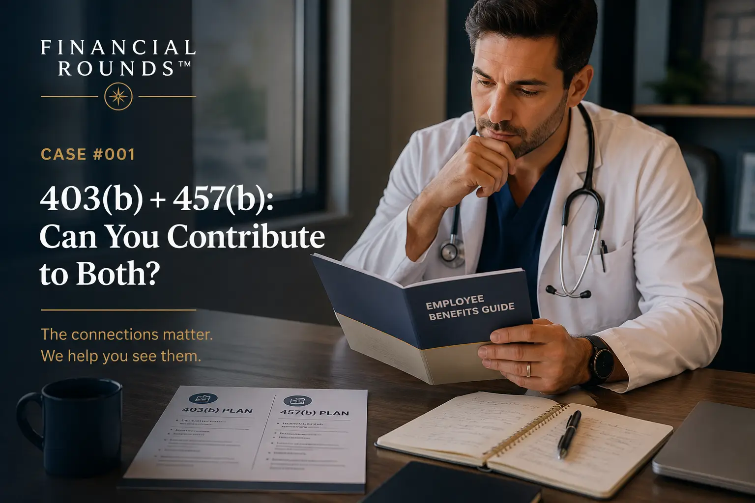 Financial Rounds 001 Physician reviewing an employee benefits guide with 403(b) and 457(b) retirement plan information.